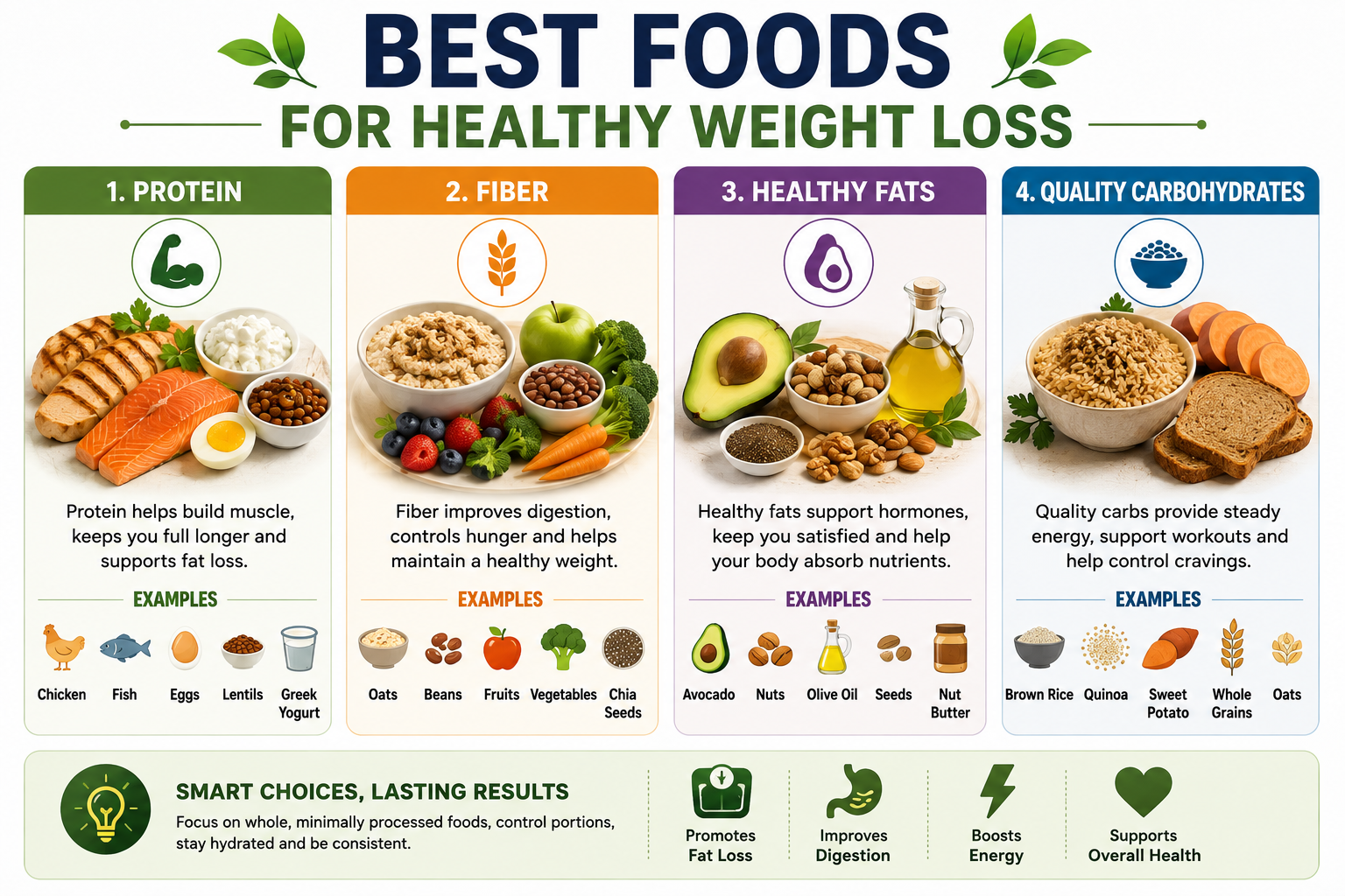 Best foods for healthy weight loss including protein, vegetables, fruits, whole grains, legumes, and healthy fats