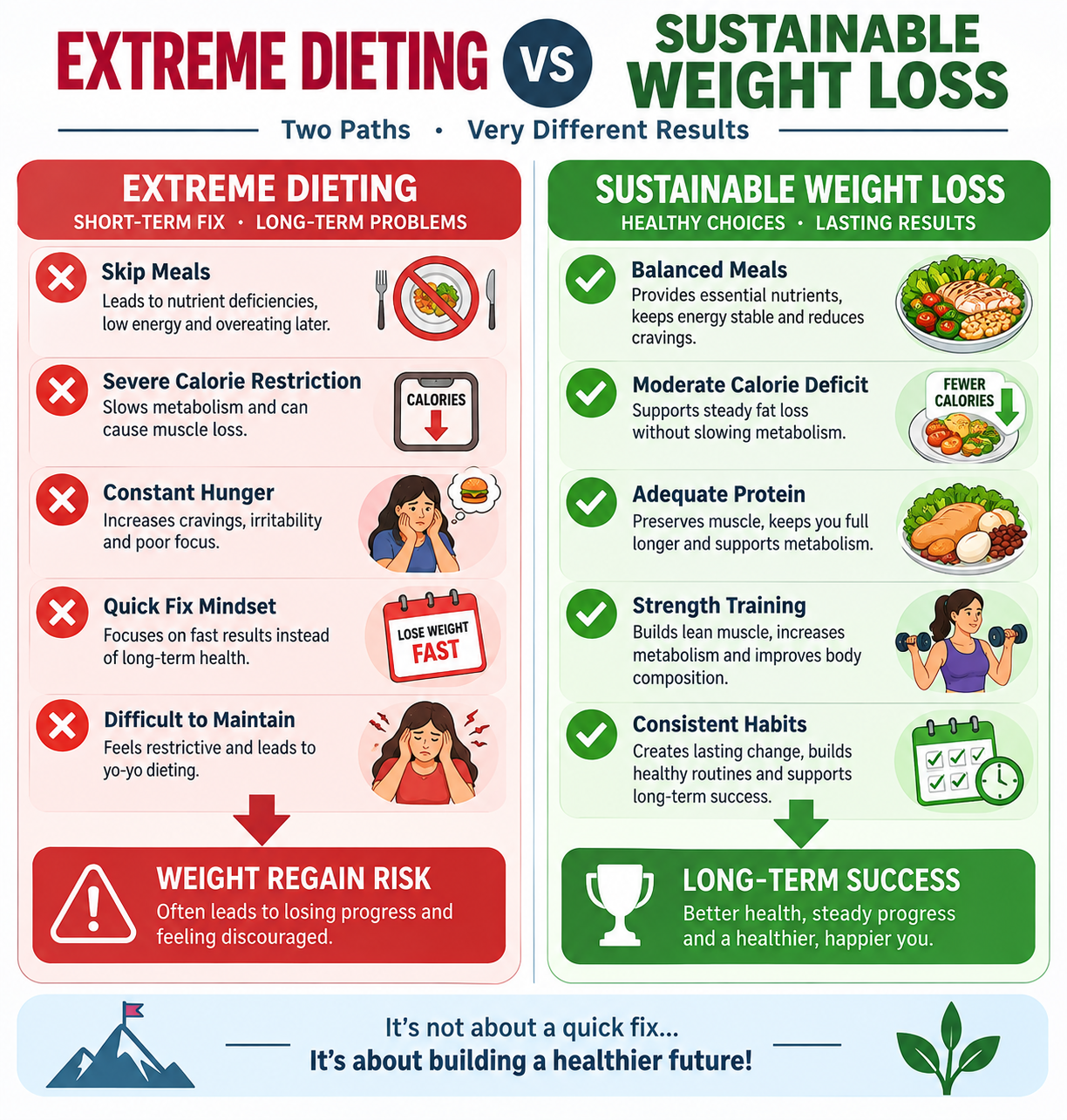 Comparison of extreme dieting and sustainable weight loss using balanced meals, adequate protein, strength training, and consistent habits