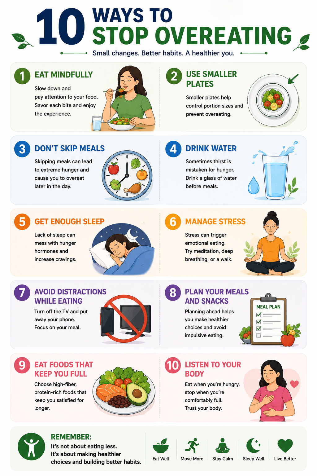 10 practical ways to stop overeating including eating slowly, reducing distractions, managing portions, planning meals, and recognizing triggers