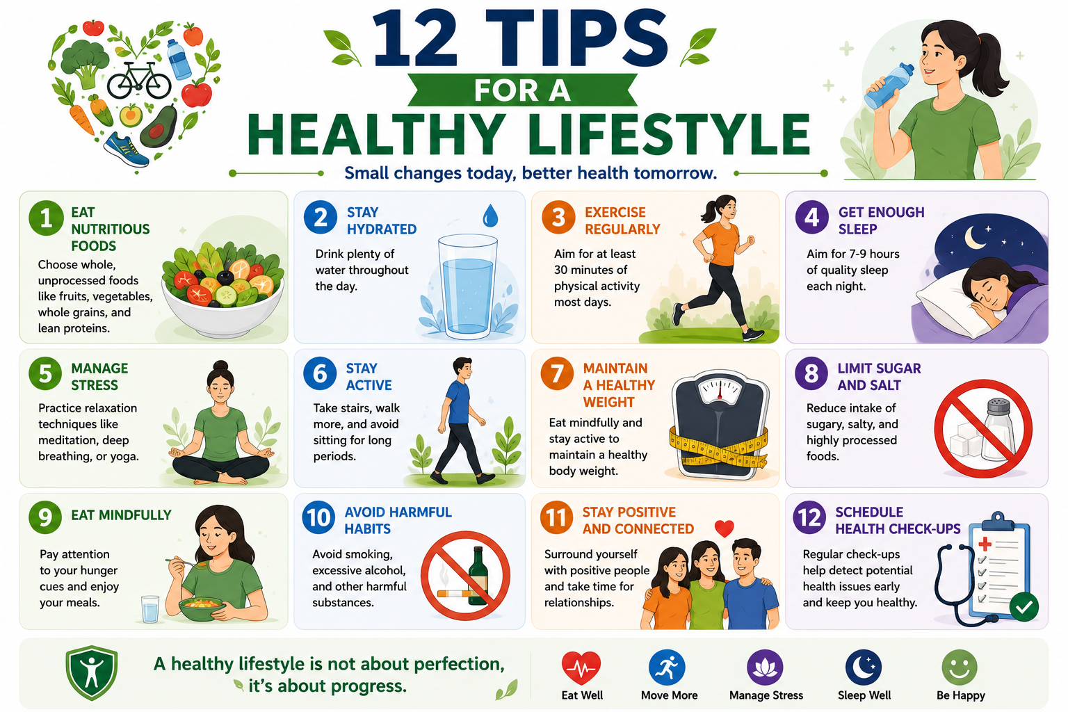 12 healthy lifestyle tips covering nutrition, exercise, sleep, hydration, stress, social connection, and preventive care