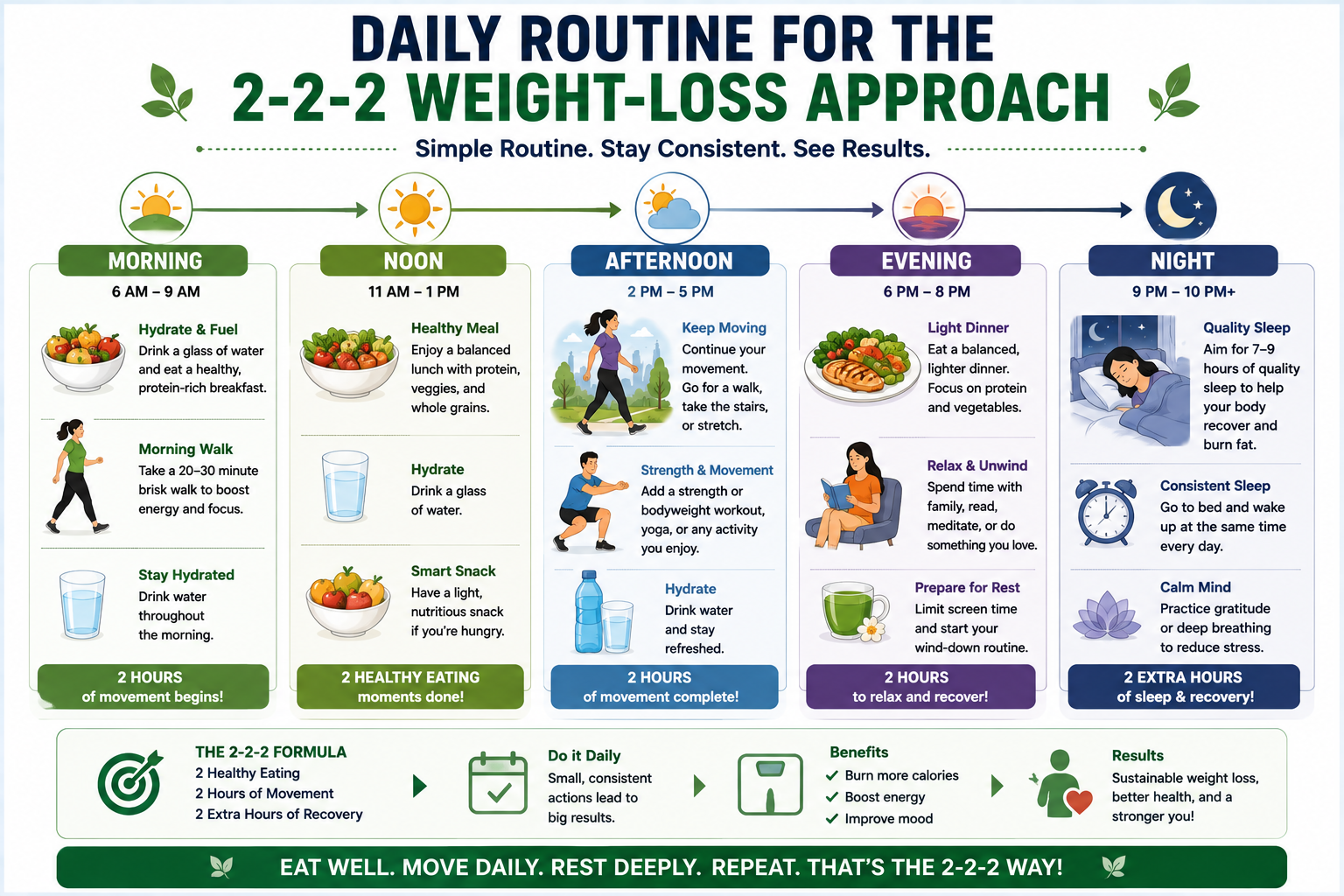 2-2-2 weight-loss approach daily routine with eating, movement, and sleep