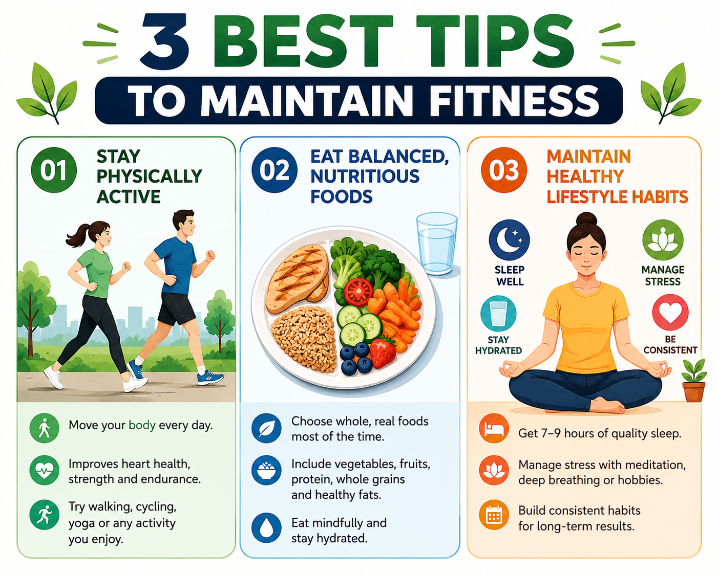 3 best tips to maintain fitness: physical activity, balanced nutrition, and healthy lifestyle habits