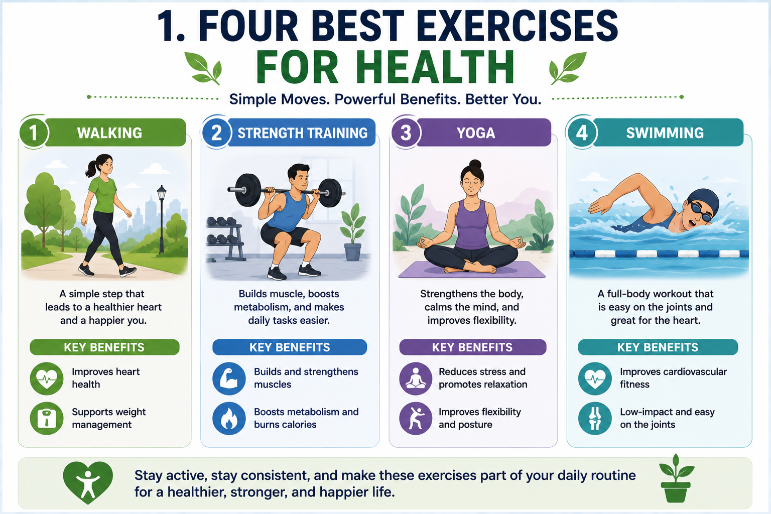 Four exercises for health including walking, strength training, yoga, and swimming