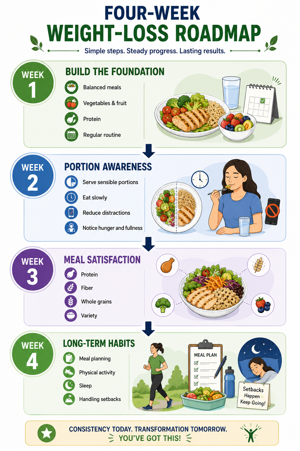 Four-week diet plan for weight loss roadmap showing balanced eating, portion awareness, meal satisfaction, and long-term habits