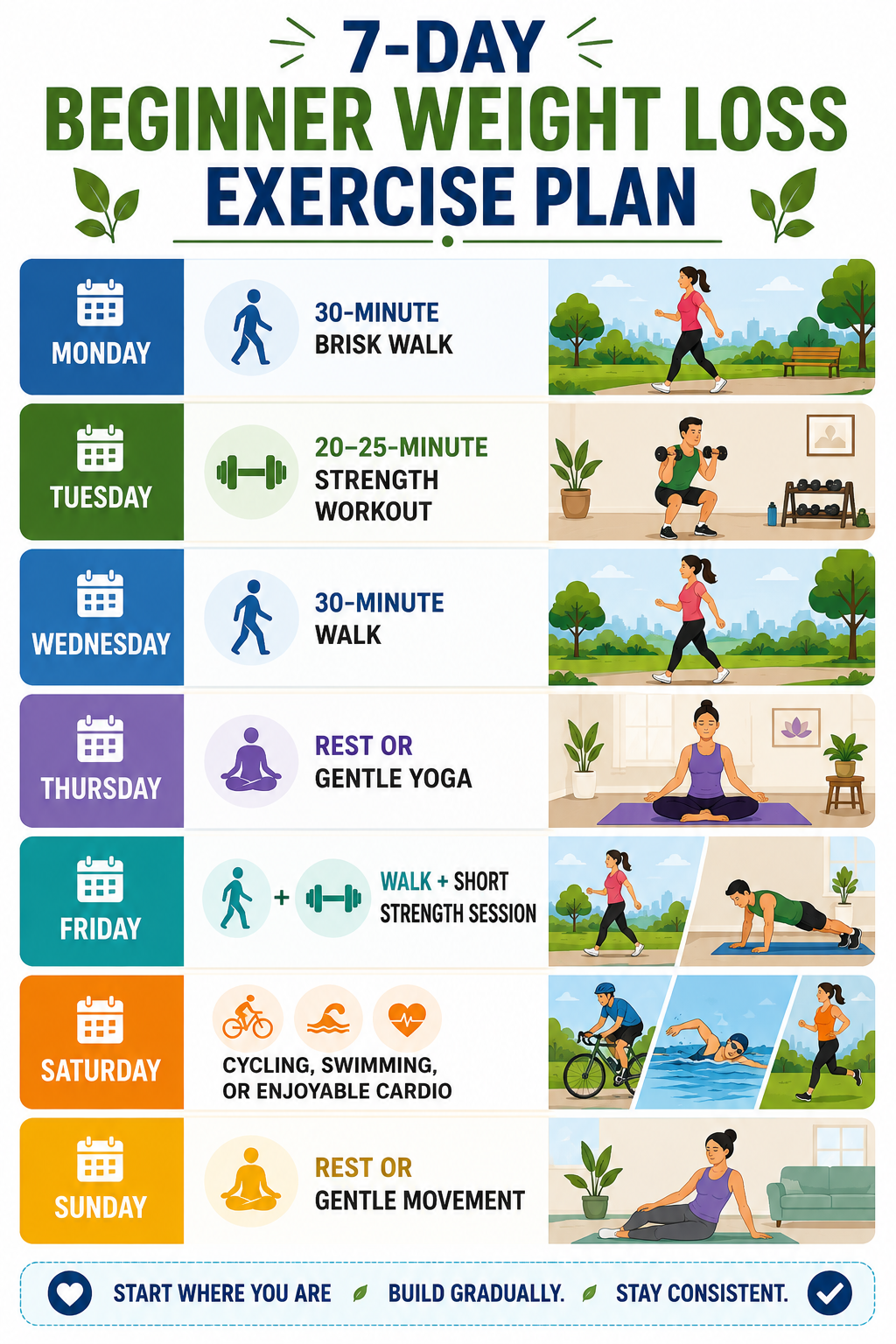 7-day beginner weight loss exercise plan with walking, strength training, yoga, cycling and rest days