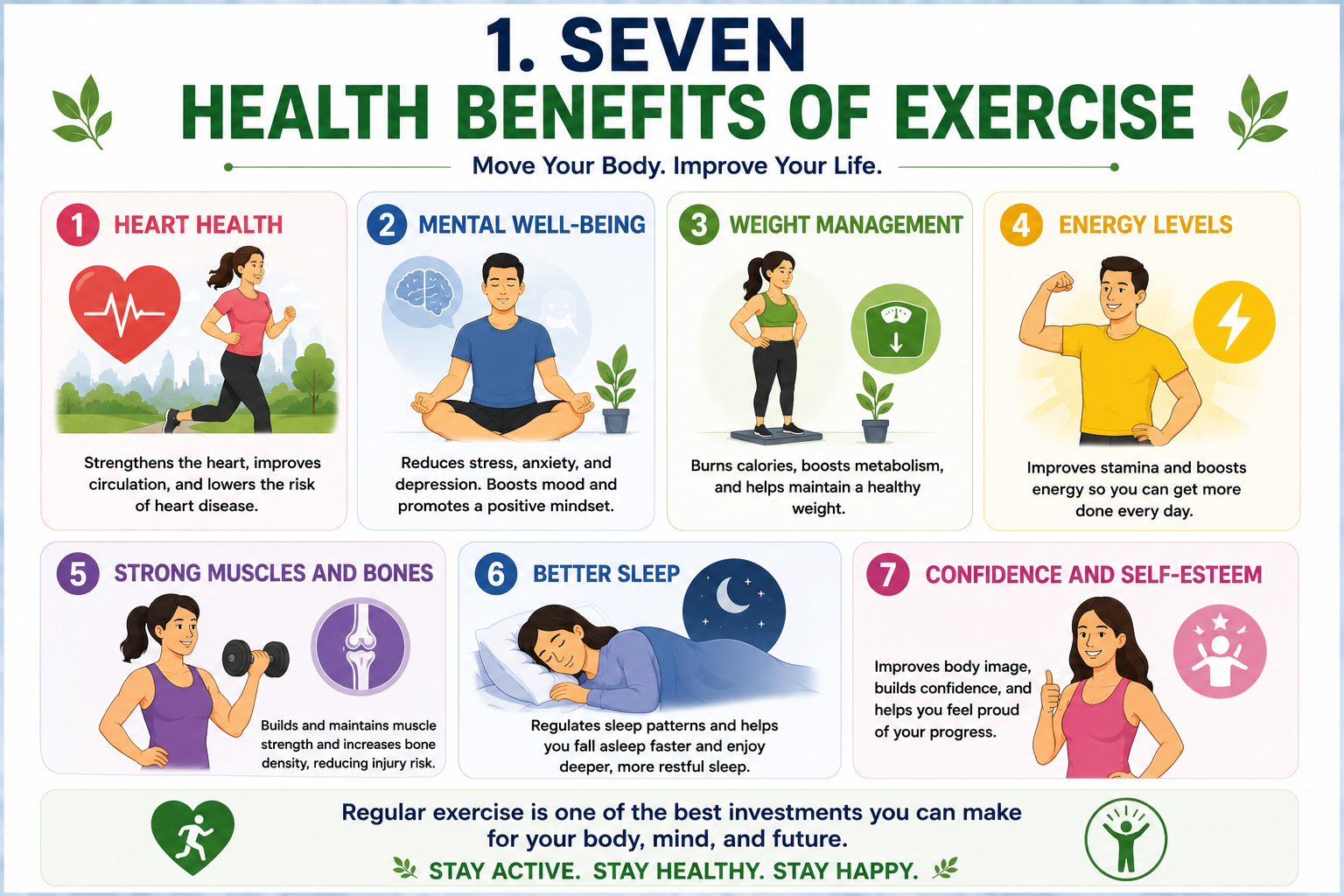 Seven health benefits of exercise including heart health, mental health, weight management, energy, muscles and bones, sleep, and confidence