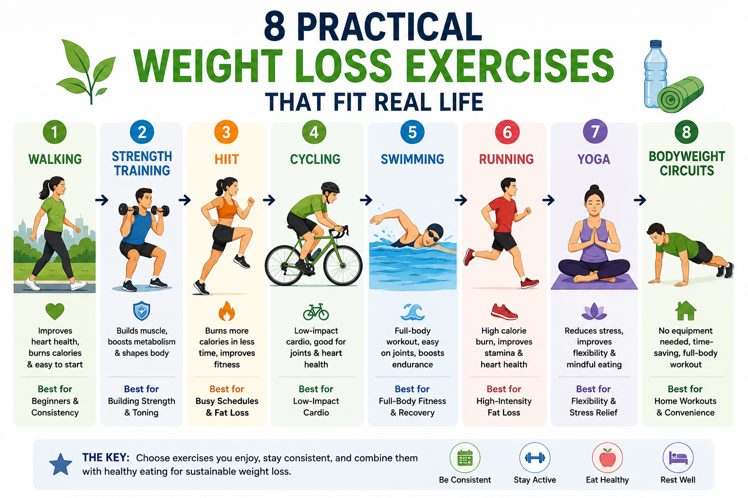 8 practical weight loss exercises including walking, strength training, cycling, swimming, running, HIIT, yoga and bodyweight workouts