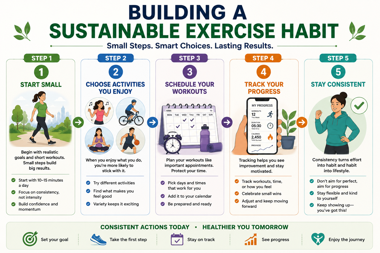 teps for building a sustainable exercise habit through small goals, enjoyable activities, scheduling, tracking, and consistency