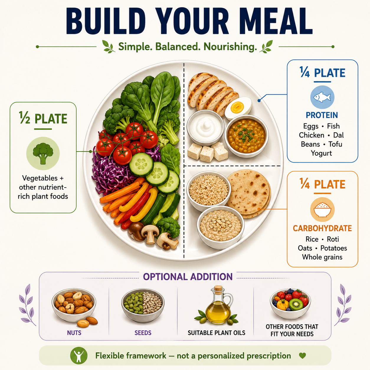 Balanced meal framework showing vegetables, protein, carbohydrate, and optional healthy additions for weight management