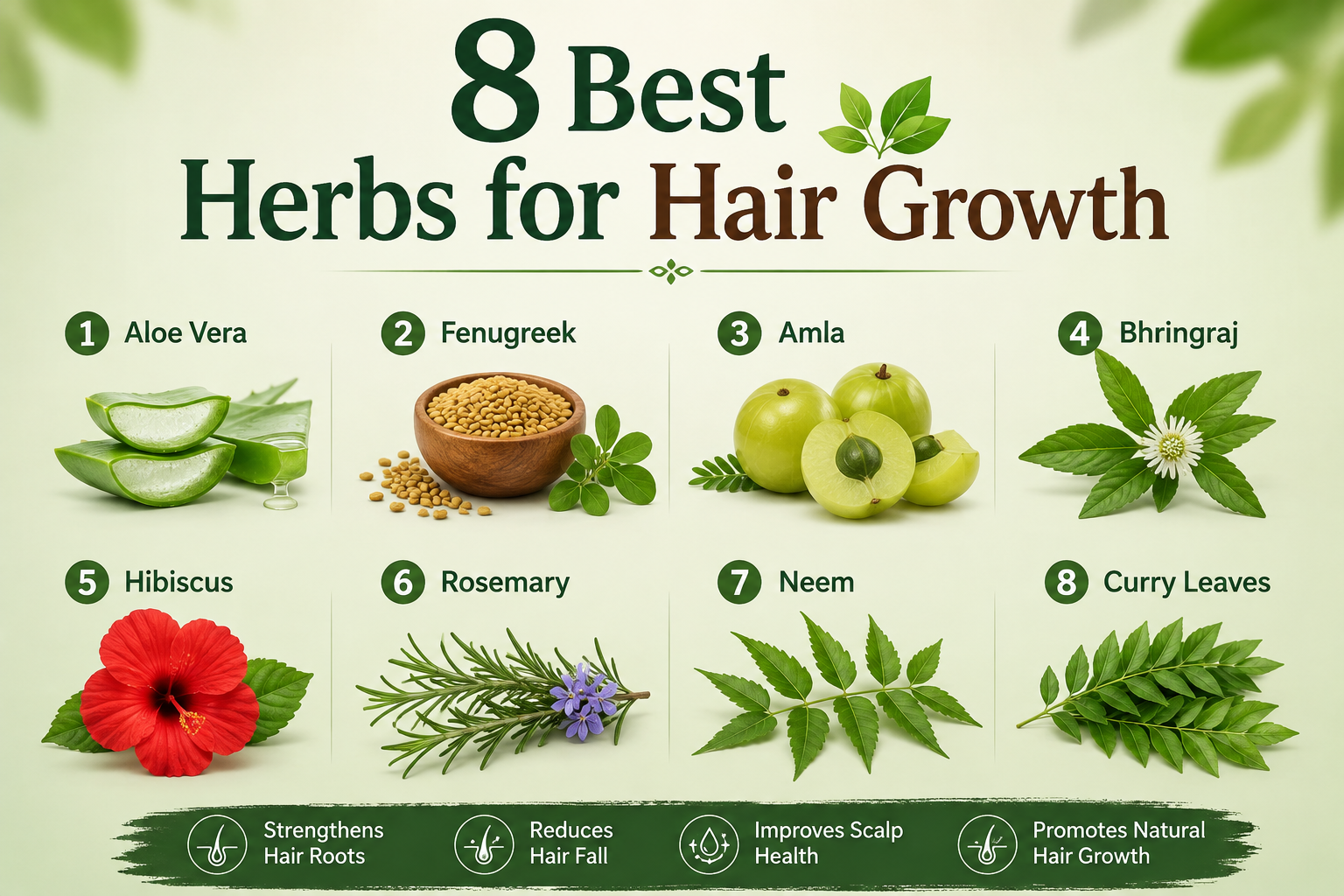 Eight herbs commonly used for hair care and hair growth
