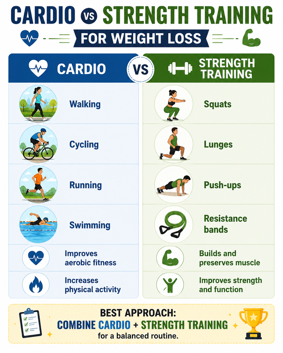 Comparison of cardio and strength training exercises for weight loss and fitness