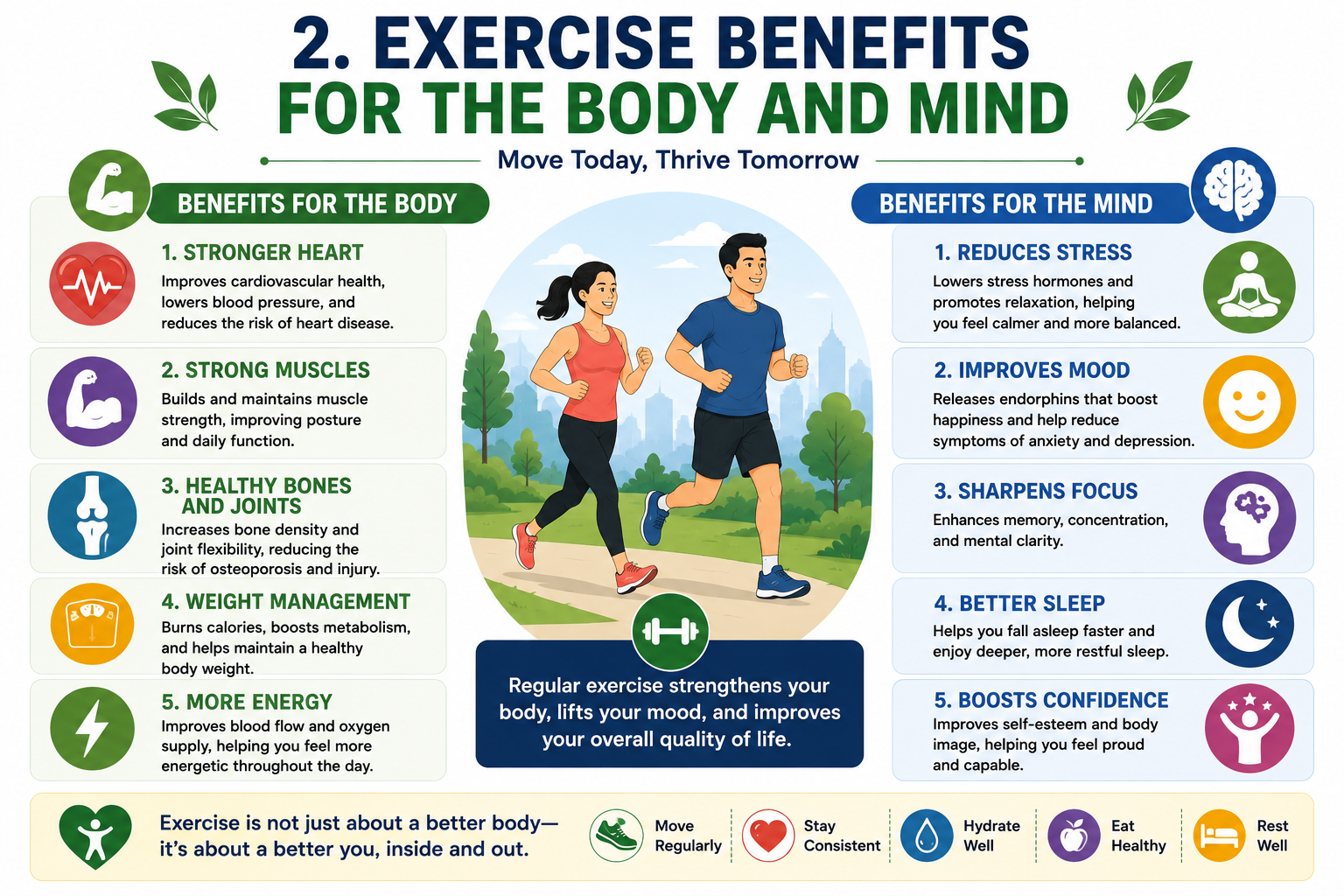 Exercise benefits for physical and mental health including cardiovascular fitness, muscle strength, sleep, mood, and weight management