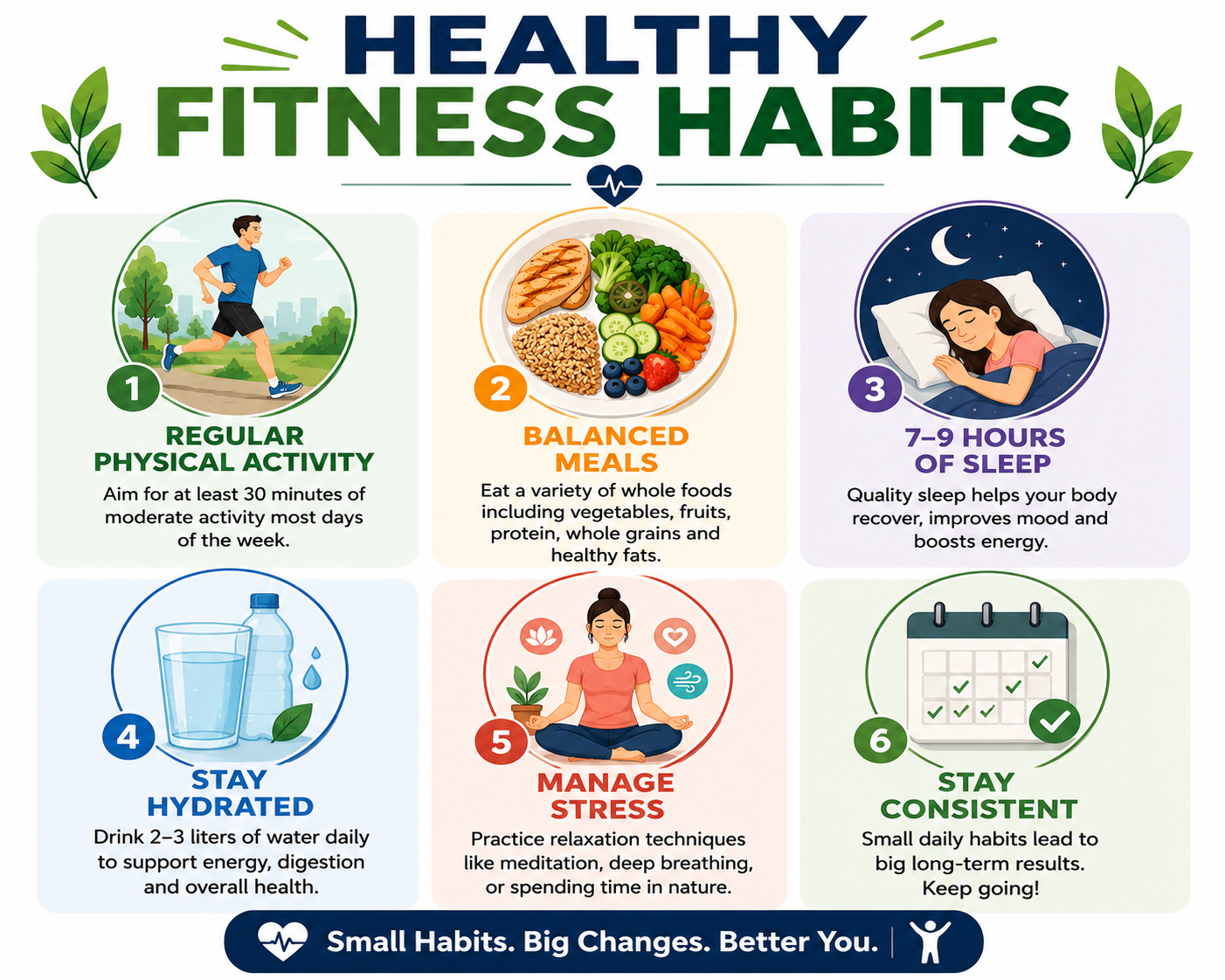 healthy fitness habits including exercise, balanced meals, sleep, hydration, and stress management