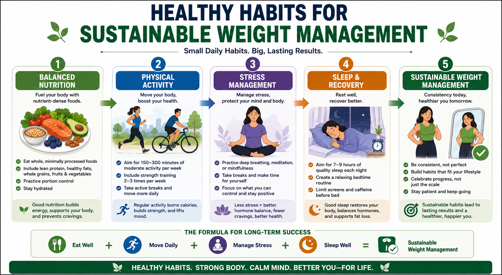 healthy habits for sustainable weight management including nutrition, activity, stress, and sleep