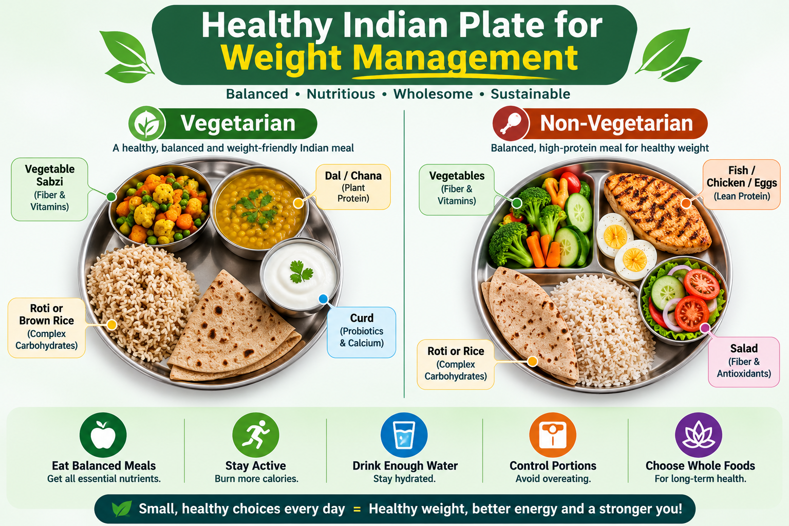 Healthy Indian plate examples showing vegetables, dal or other protein, roti or rice, salad, and curd for balanced meals.