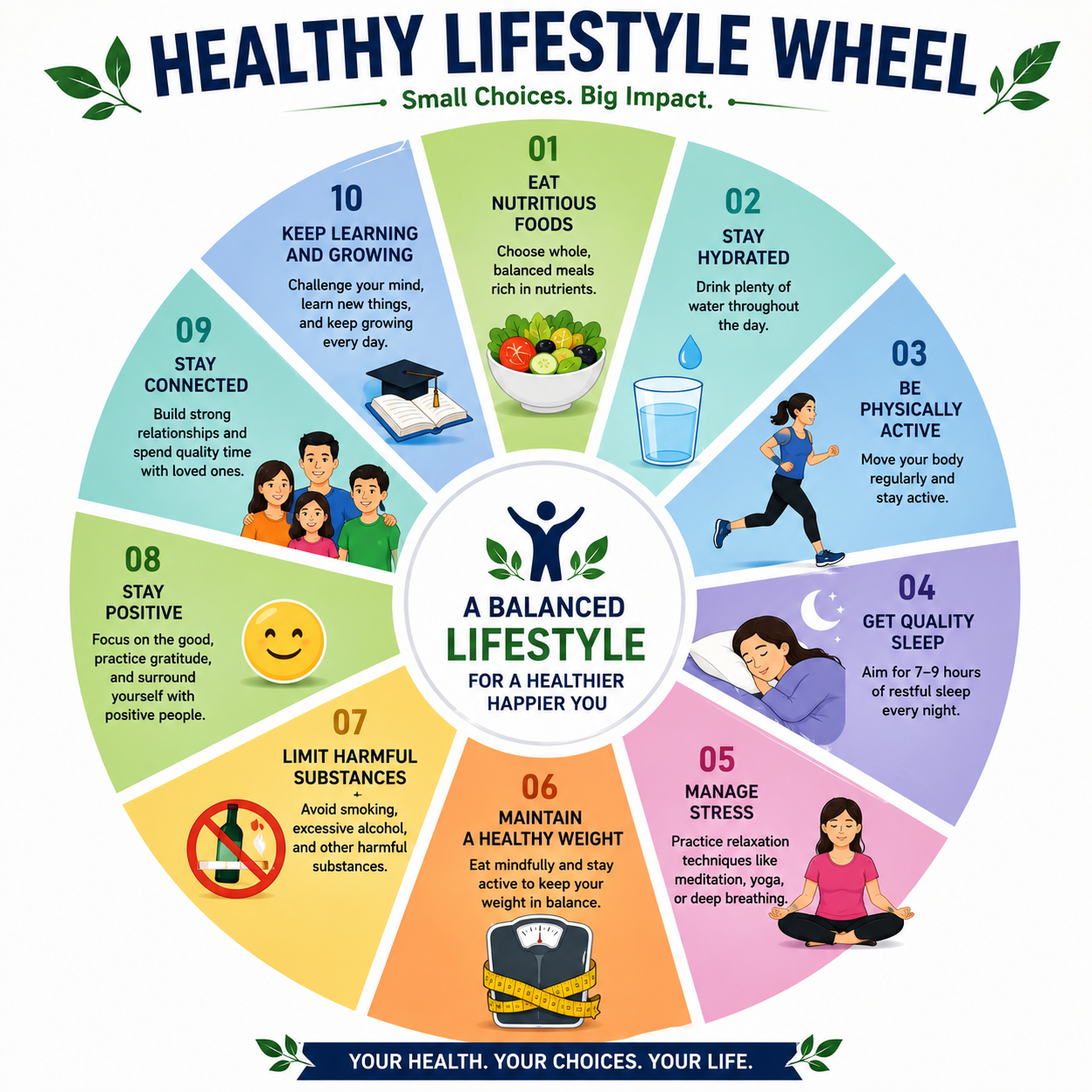 Healthy lifestyle habits including balanced nutrition, physical activity, sleep, hydration, stress management, and social connection