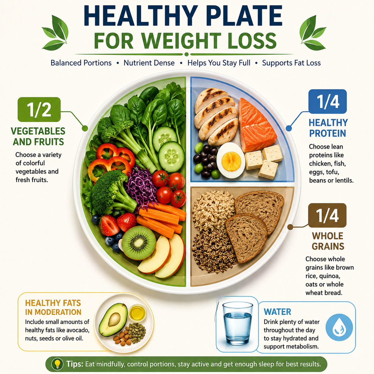 Healthy plate for weight loss showing vegetables and fruits, healthy protein, whole grains, healthy fats, and water.