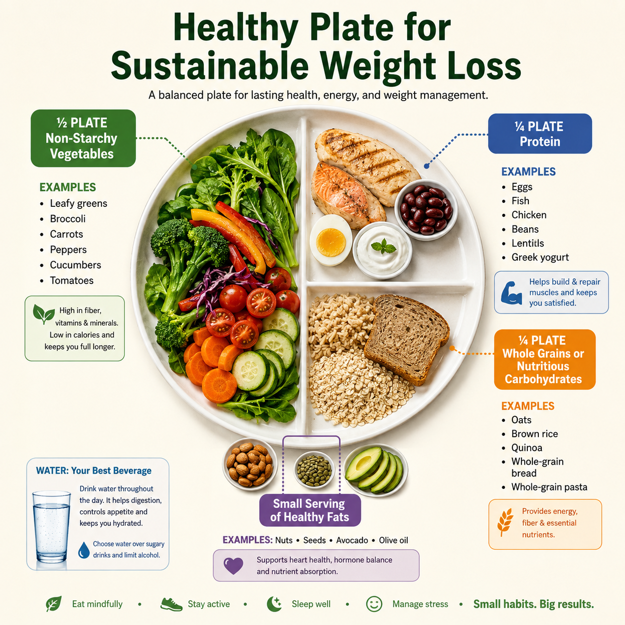 Healthy plate method showing vegetables protein and whole grains for weight loss