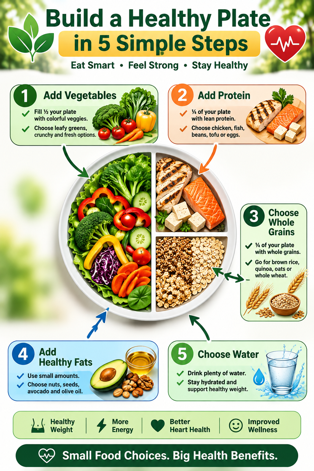Five-step visual guide showing how to build a balanced healthy plate with vegetables, protein, whole grains, healthy fats, and water.