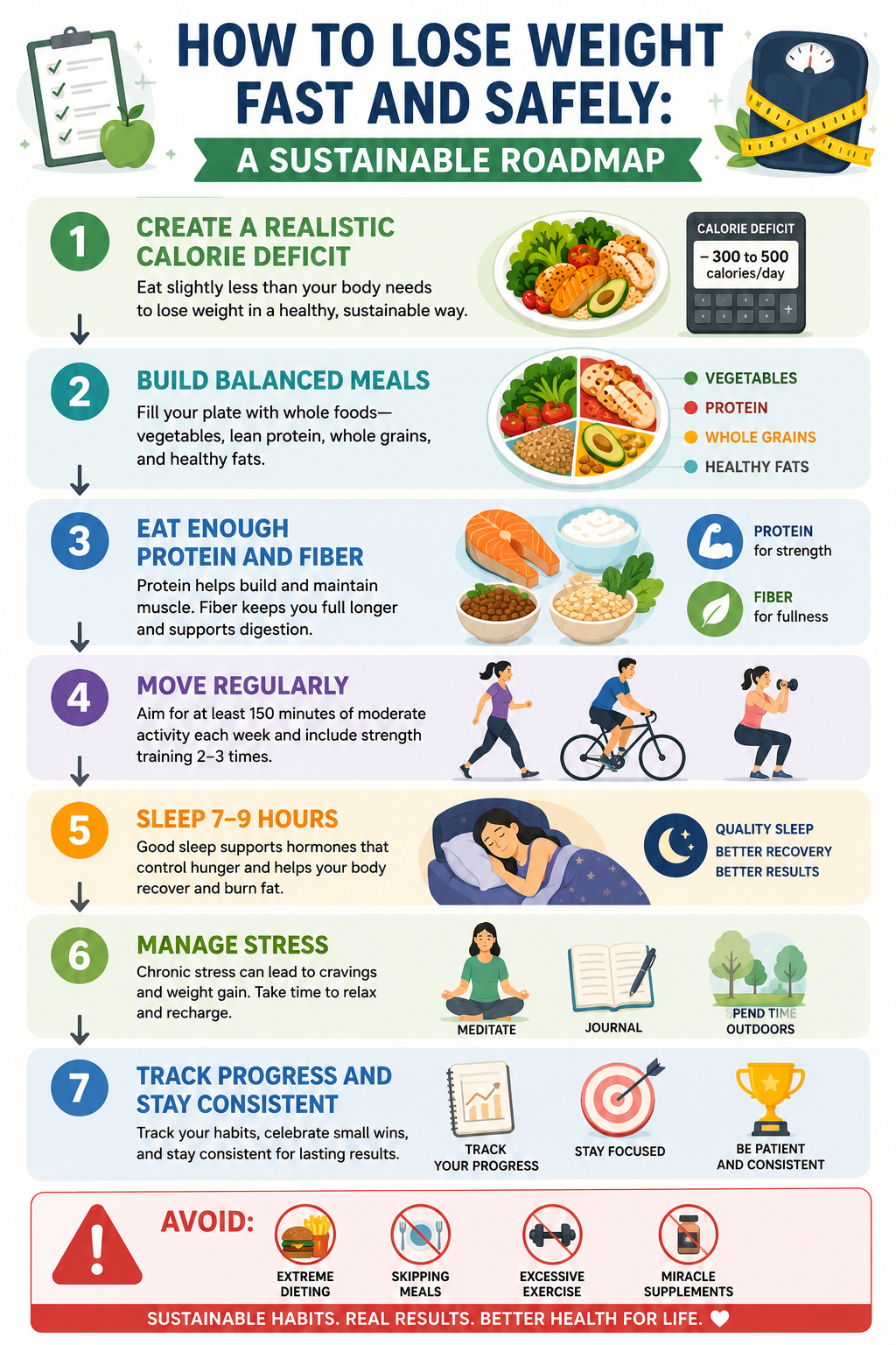 Safe weight loss roadmap showing nutrition exercise sleep stress management and consistency