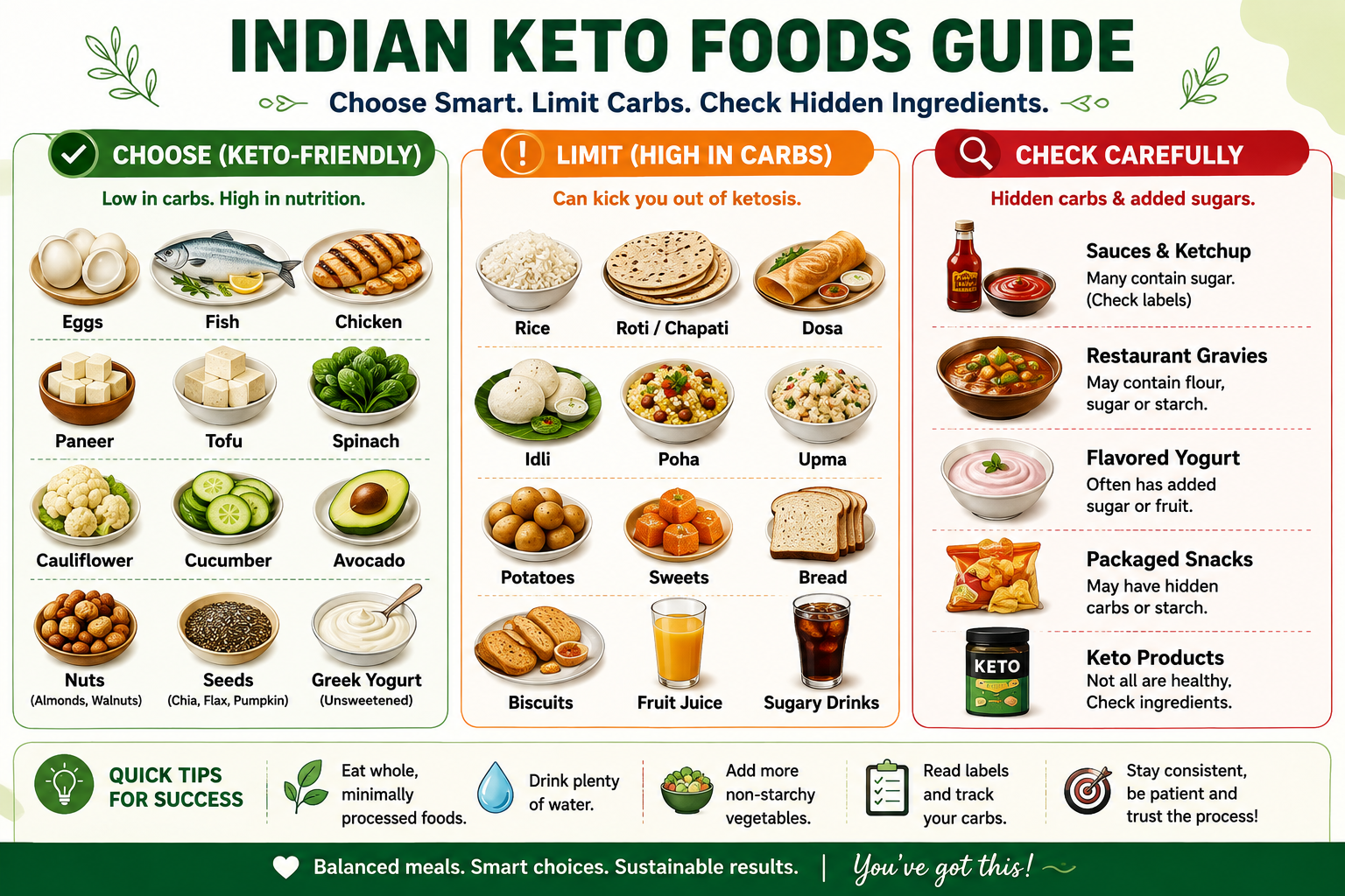 Indian Keto Foods Guide infographic showing foods to choose, limit, and check carefully on a ketogenic diet.