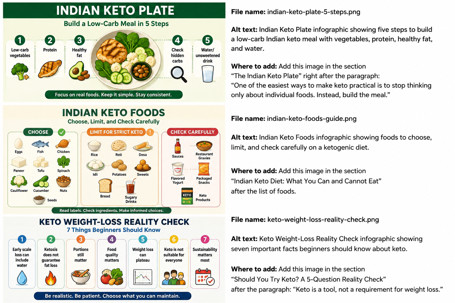 Indian Keto Plate infographic showing five steps to build a low-carb Indian keto meal with vegetables, protein, healthy fat, and water.