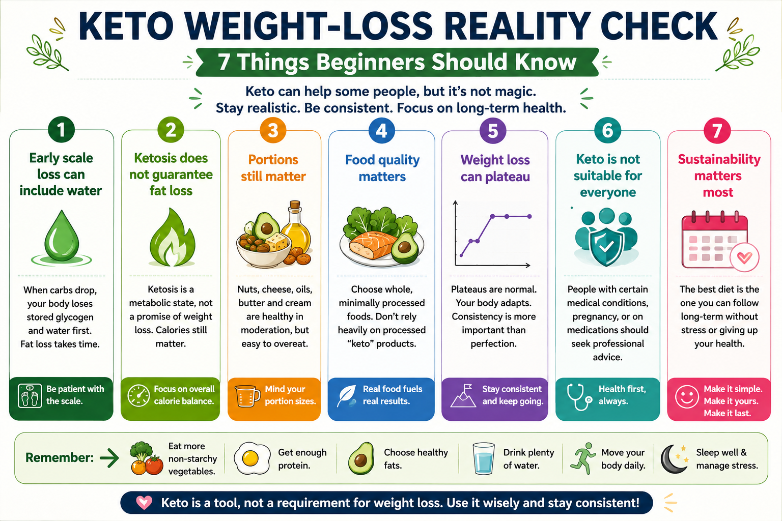 Keto Weight-Loss Reality Check infographic showing seven important facts beginners should know about keto.