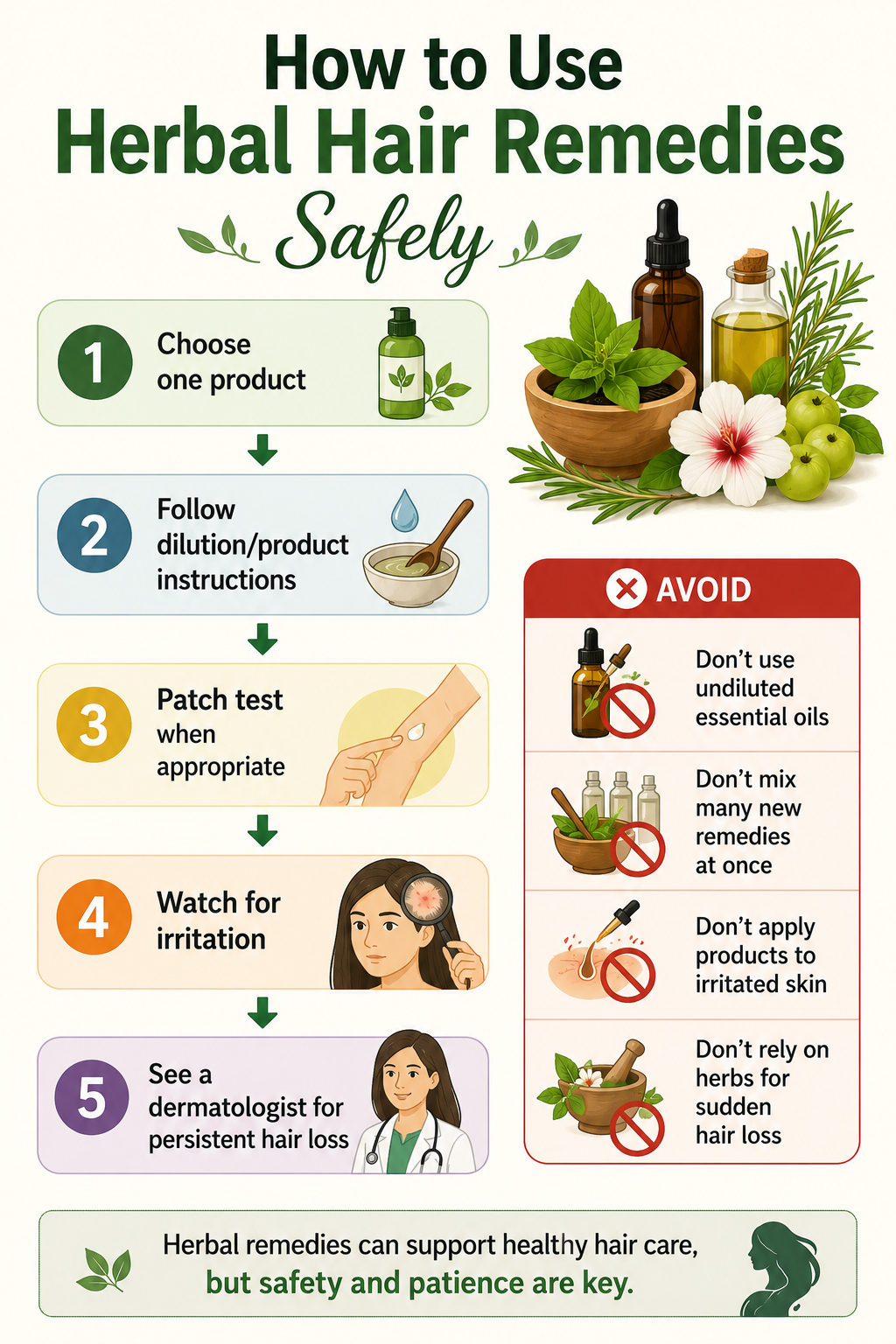 Safe herbal hair care routine showing dilution patch testing and dermatologist guidance