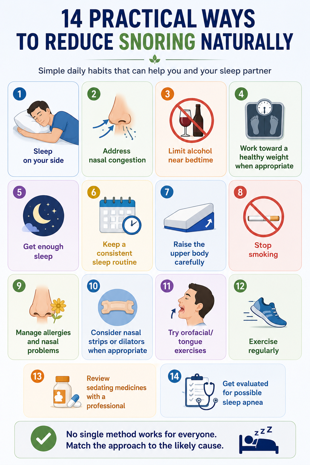 4 evidence-based ways to reduce snoring naturally including side sleeping, healthy weight and treating nasal congestion