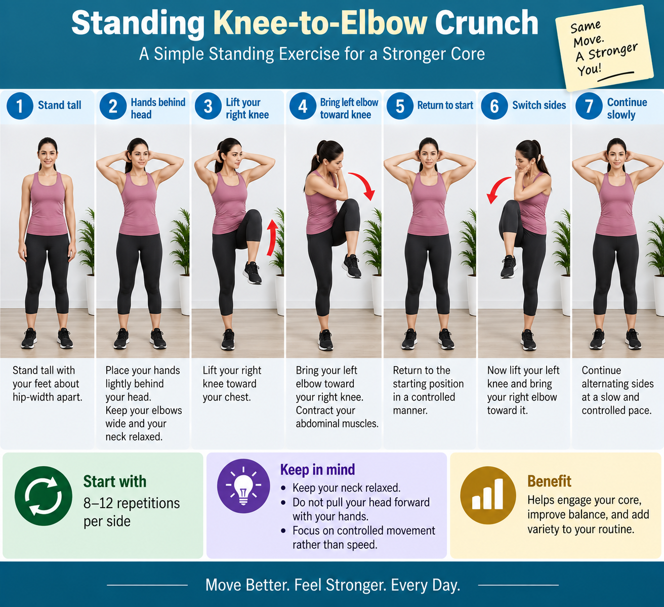 how to do Standing Knee-to-Elbow Crunch