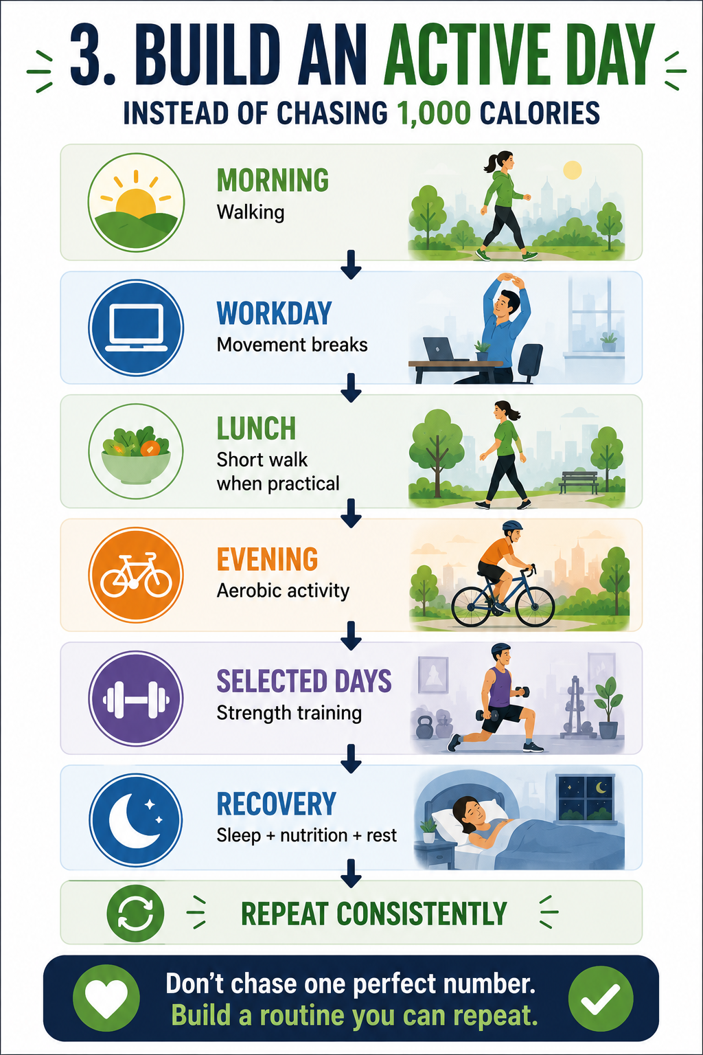Example of building an active day with walking movement breaks aerobic exercise strength training and recovery