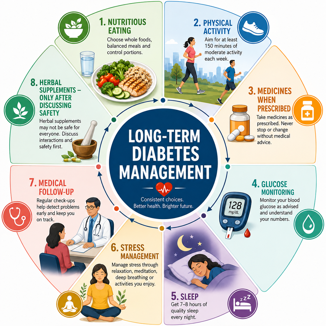 Diabetes management involves food activity medicines monitoring and professional care