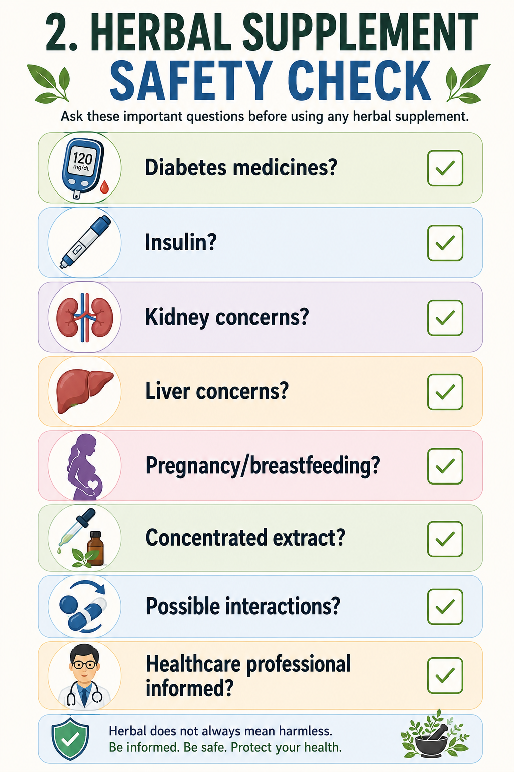 Safety checklist before using herbal supplements for diabetes