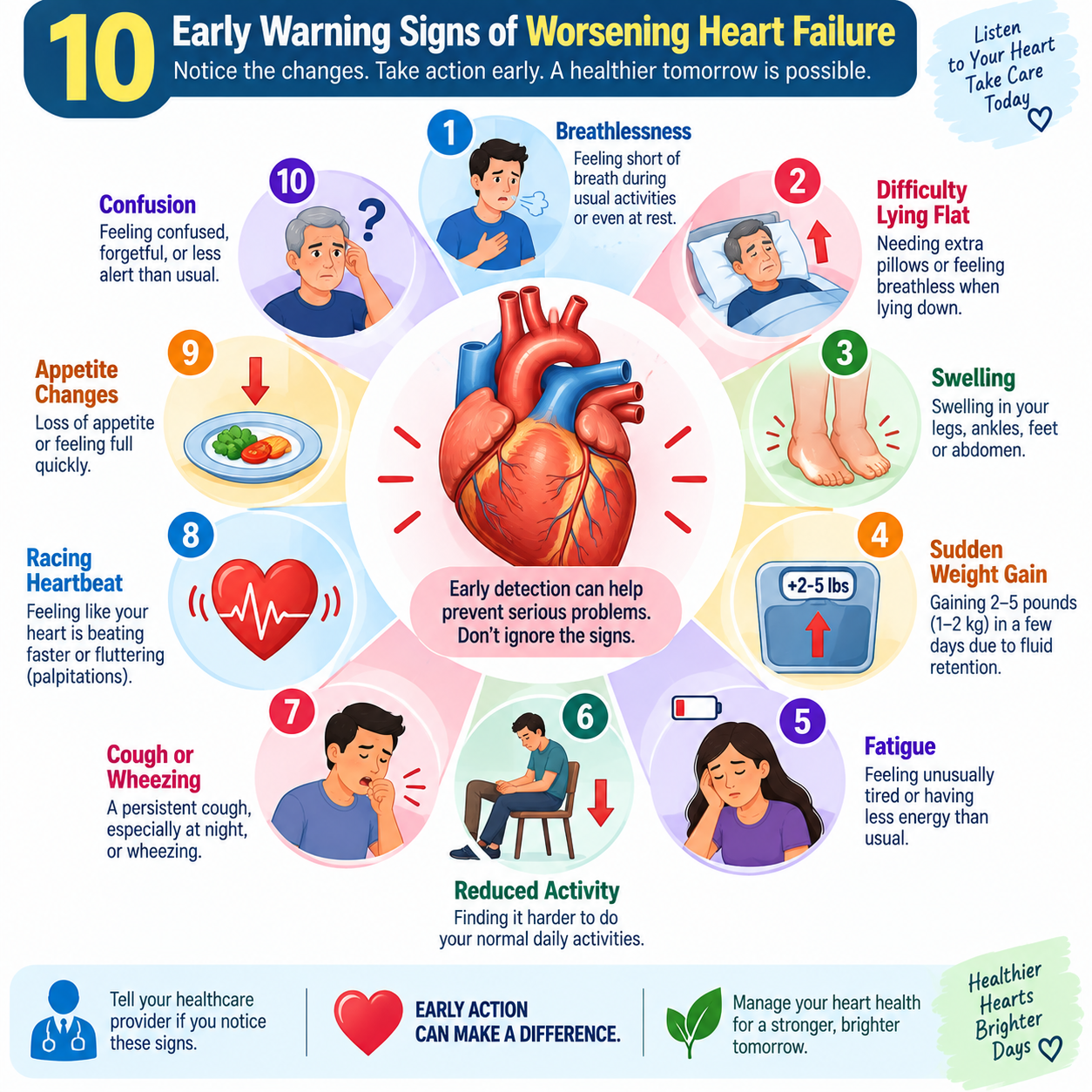 10 early warning signs of worsening heart failure including breathlessness, swelling, fatigue, weight gain and confusion