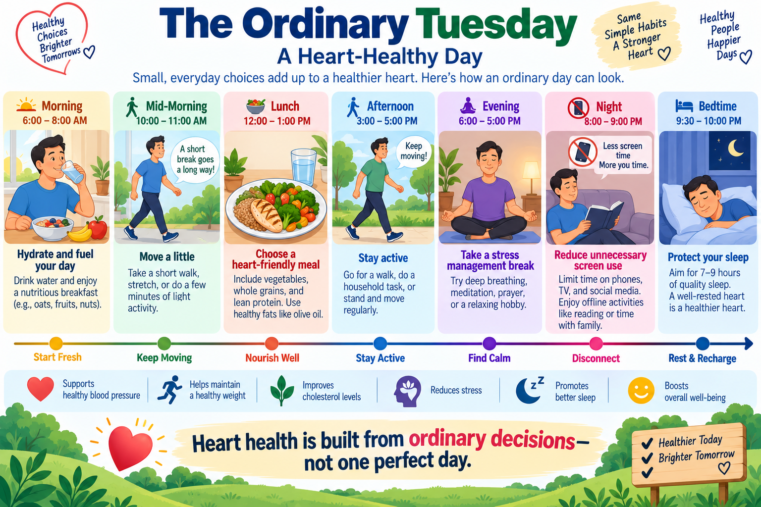 An ordinary day of heart-healthy choices including nutritious meals, walking, health checks, stress breaks, and adequate sleep