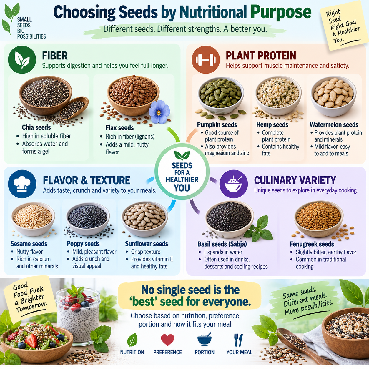 Seeds grouped by fiber, plant protein, flavor and culinary uses for weight management