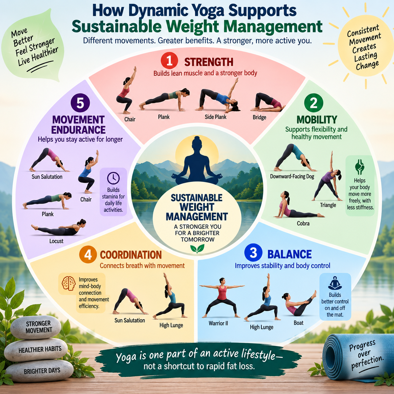 Dynamic yoga movement roles for sustainable weight management showing strength mobility balance coordination and movement endurance