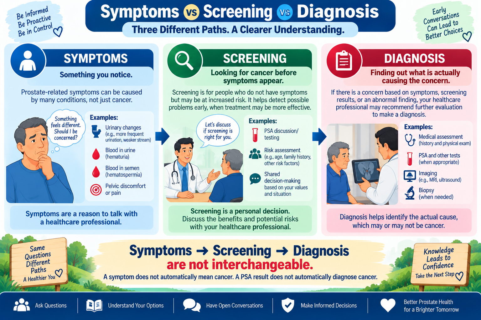 Infographic comparing prostate cancer symptoms screening and diagnosis and showing how the three processes differ