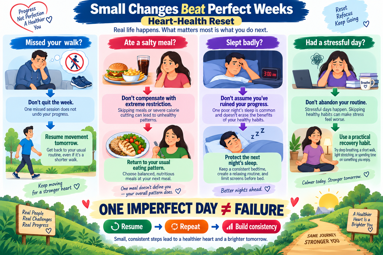Visual comparison showing how small sustainable heart-healthy habits can be resumed after missed exercise, unhealthy meals, poor sleep, or stressful days