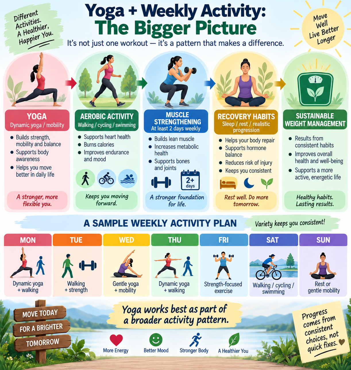 Weekly activity map showing how yoga fits with walking aerobic activity strength training and recovery for sustainable weight management