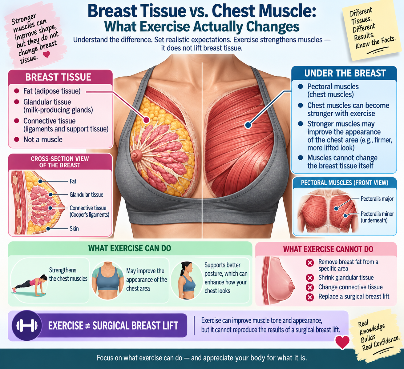 Can exercise lift sagging breasts showing breast tissue and underlying chest muscles