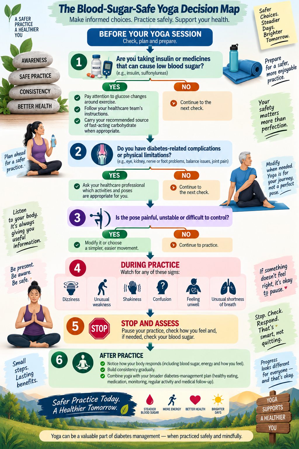 Decision map showing safety checks before, during and after yoga for people with diabetes