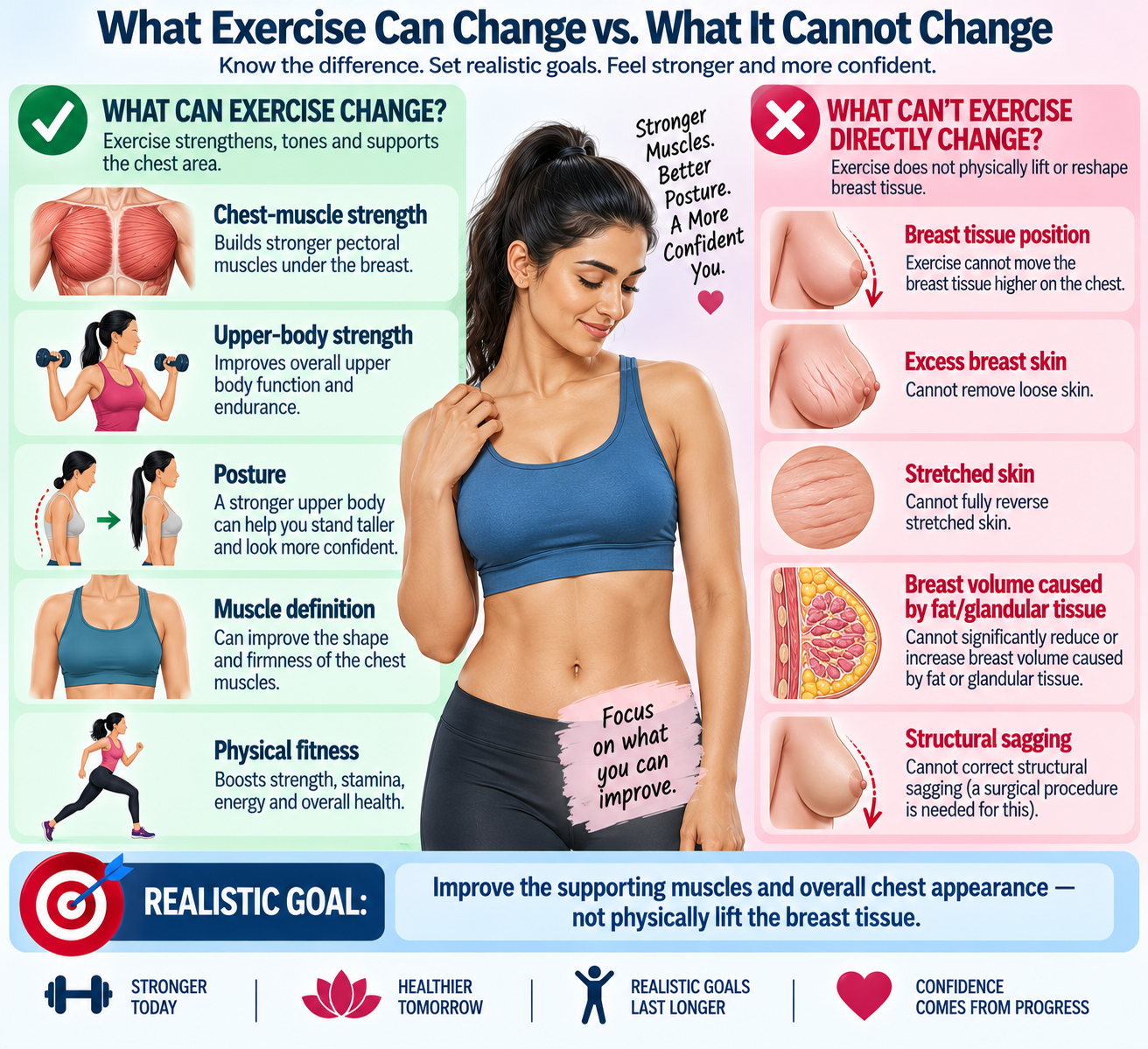What exercise can and cannot change when trying to improve the appearance of sagging breasts