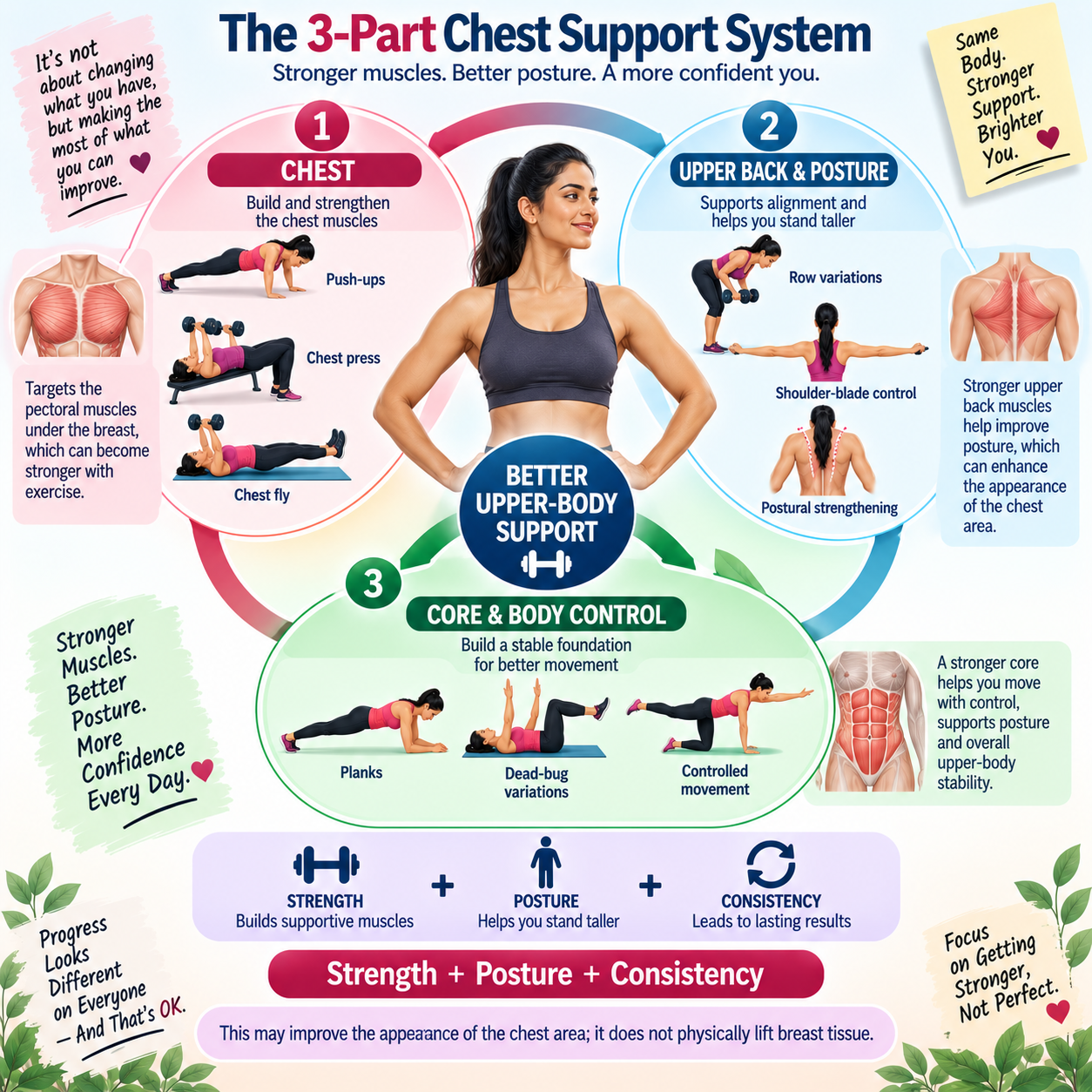 Three-part chest support system using chest exercises posture and core training