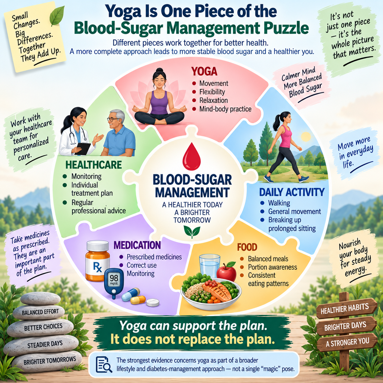 Five-part blood sugar management puzzle showing how yoga fits alongside activity, food, medication and healthcare
