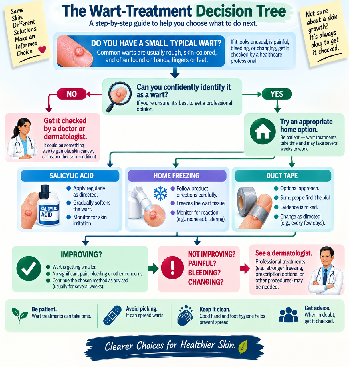 Decision tree showing how to choose home treatment for a common wart and when to see a dermatologist