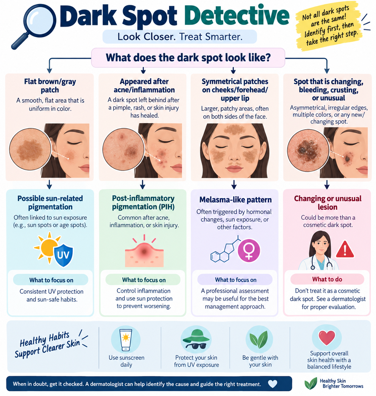 Infographic showing how to identify common types of dark spots before choosing treatment