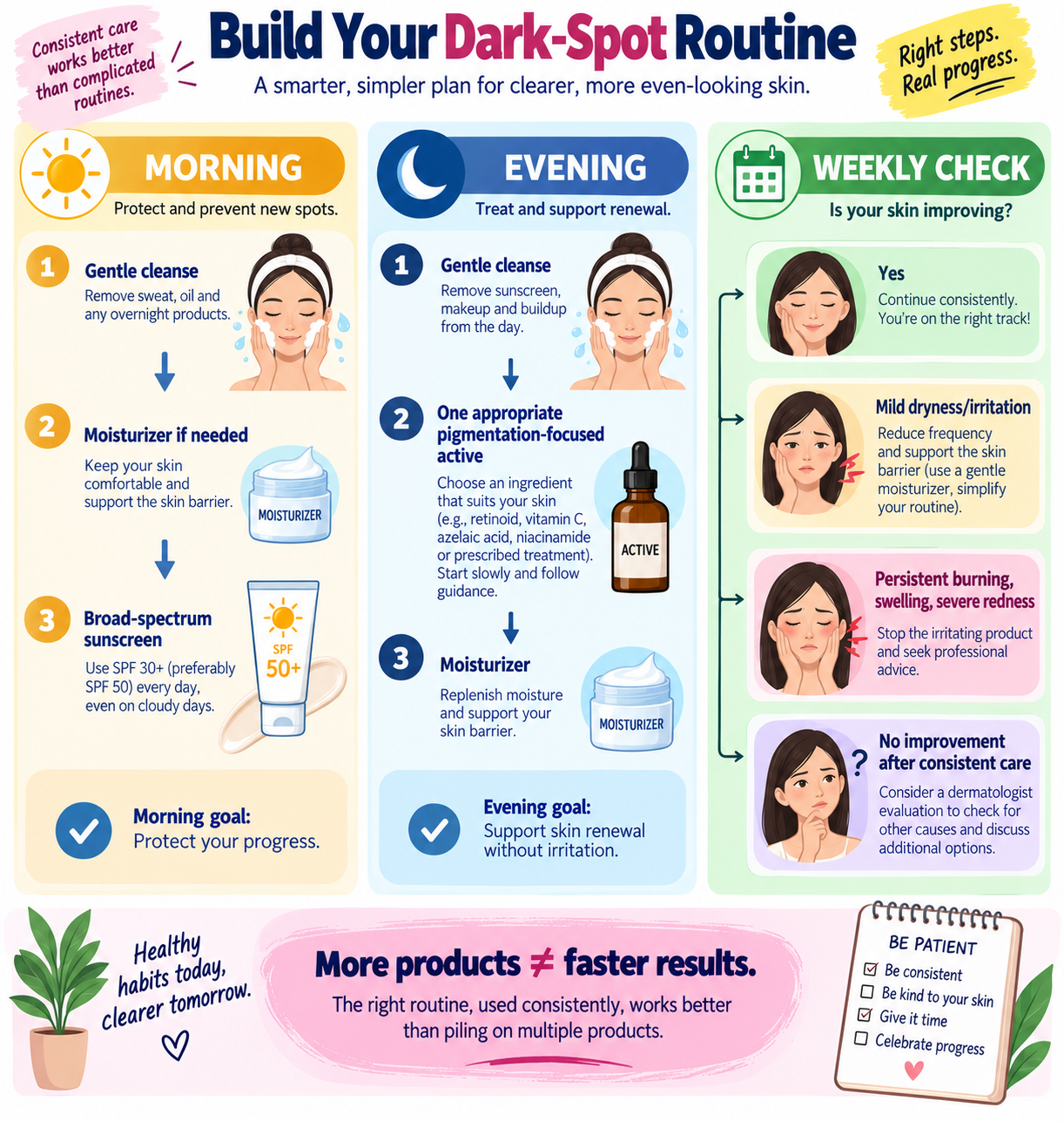 Infographic showing a simple morning and evening routine for managing dark spots safely