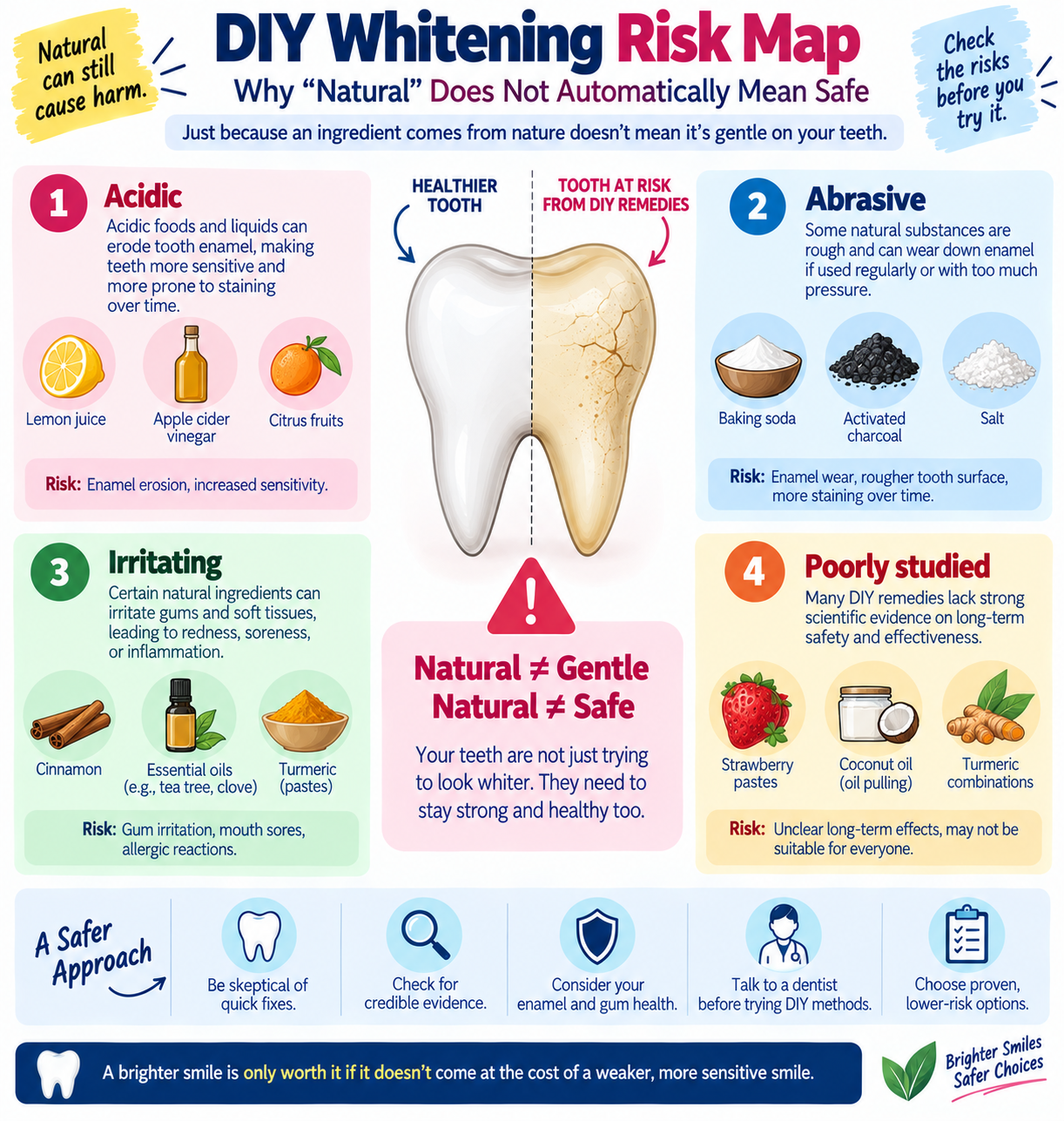 Infographic showing risks of acidic, abrasive, and DIY bleaching teeth whitening methods