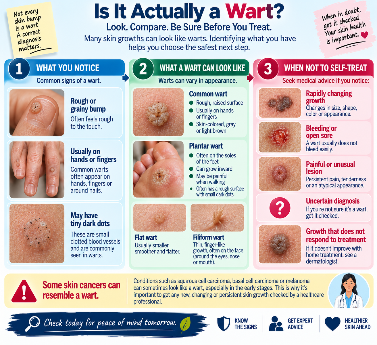 Visual guide showing common wart features and warning signs that require professional skin evaluation